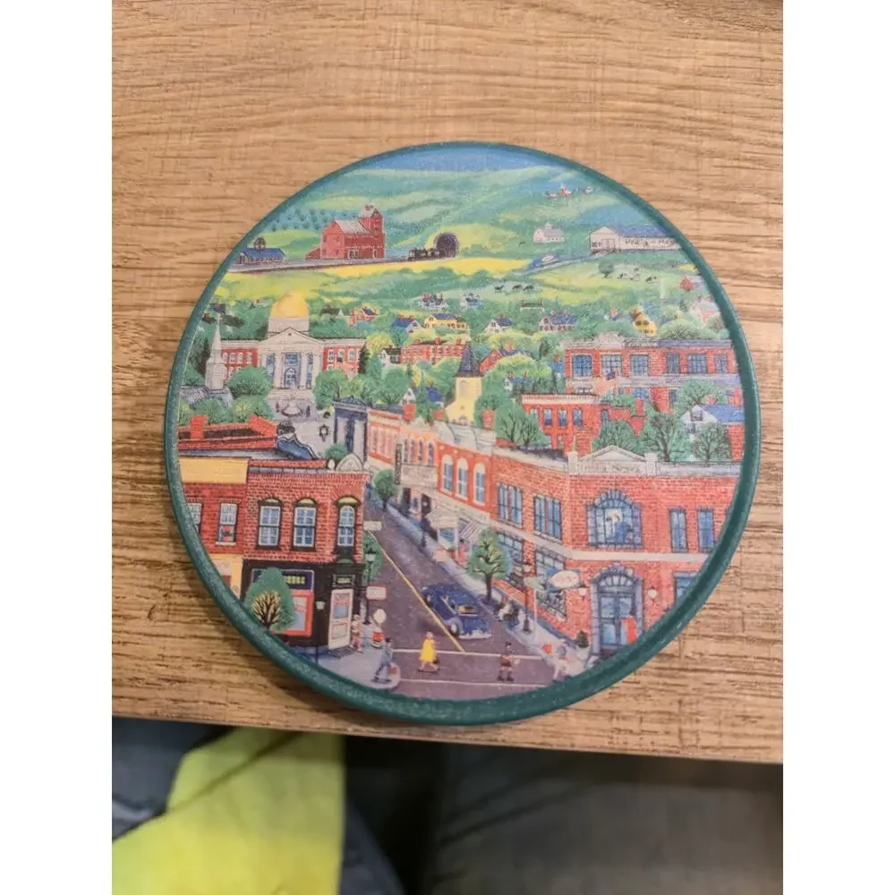 Vintage Set (4) Cork Back Coasters - City Artwork - Green Tin Container 652